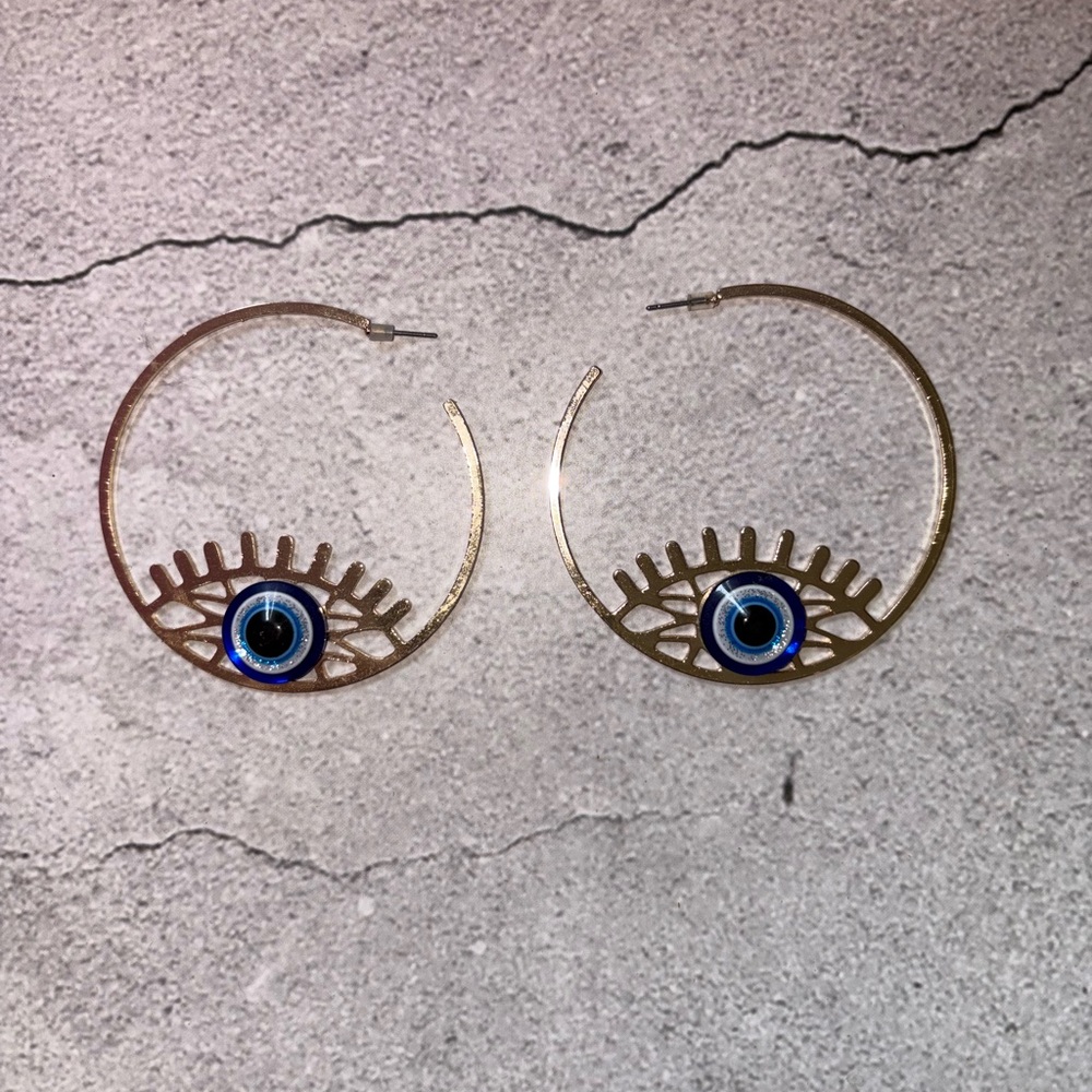Gold Evil Eye Hoop Earrings - Picture 2 of 8